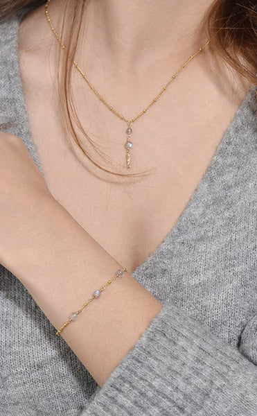 Boho Womens Grey Moonstone Bracelet 48k Gold Plated Minimalist