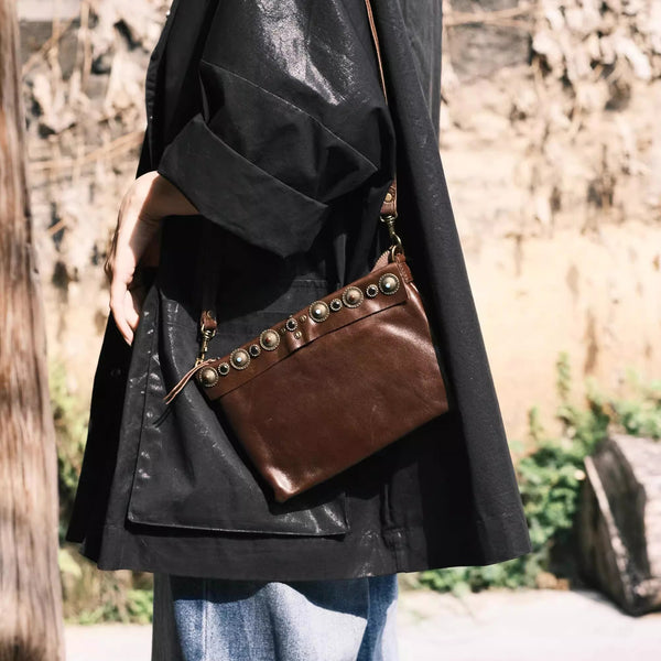 Boho Womens Leather Shoulder Bag With Rivets Genuine Leather Crossbody Bag Affordable