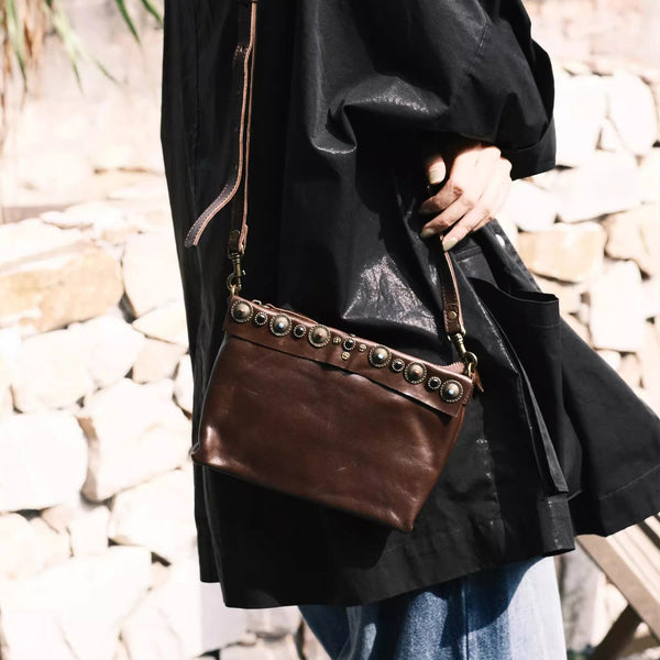 Boho Womens Leather Shoulder Bag With Rivets Genuine Leather Crossbody Bag