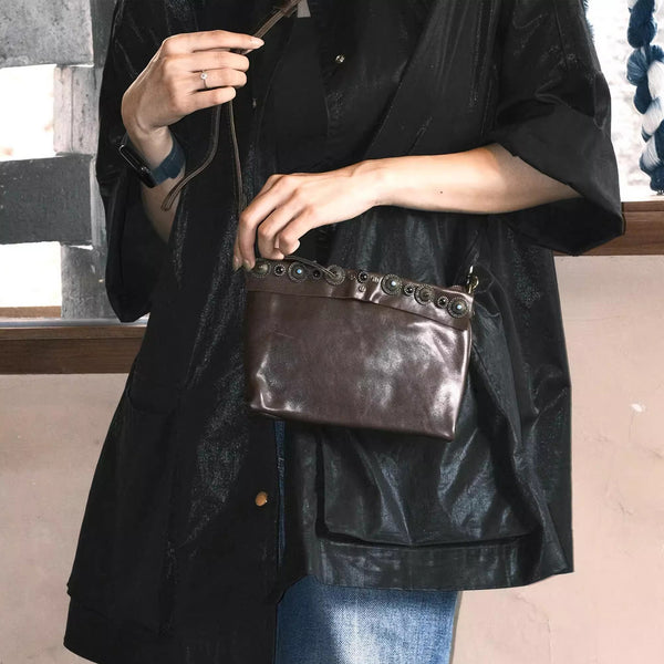 Boho Womens Leather Shoulder Bag With Rivets Genuine Leather Crossbody Bag Beautiful