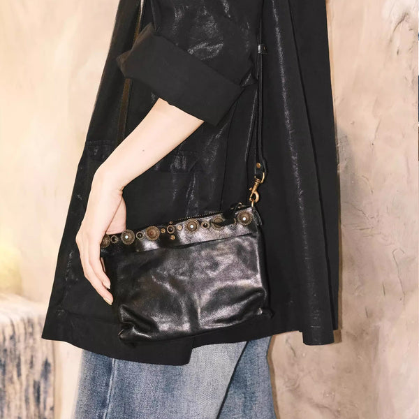 Vintage Womens Small Black Leather Crossbody Bag With Stud Detailing Small Black Shoulder Bag