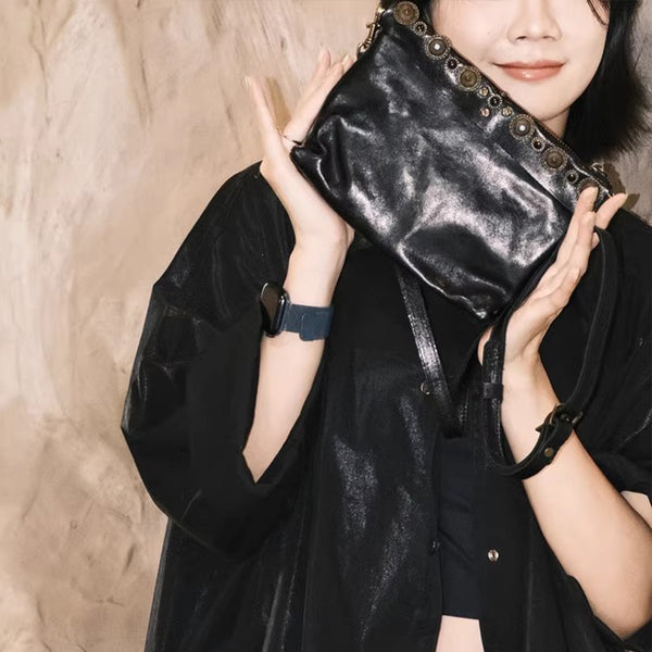 Boho Womens Leather Shoulder Bag With Rivets Genuine Leather Crossbody Bag Black