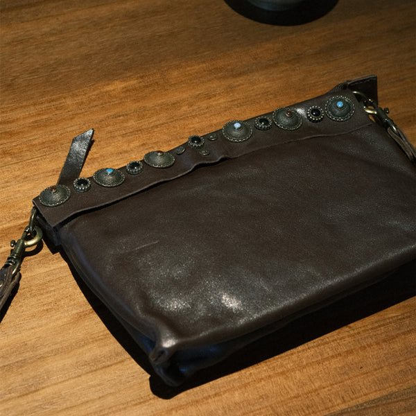 Boho Womens Leather Shoulder Bag With Rivets Genuine Leather Crossbody Bag Casual