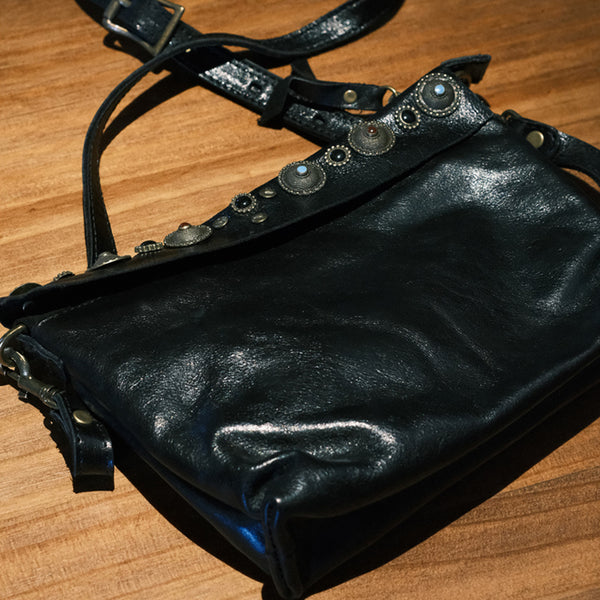 Boho Womens Leather Shoulder Bag With Rivets Genuine Leather Crossbody Bag Chic
