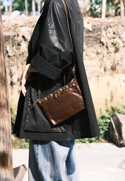 Boho Womens Leather Shoulder Bag With Rivets Genuine Leather Crossbody Bag Classic