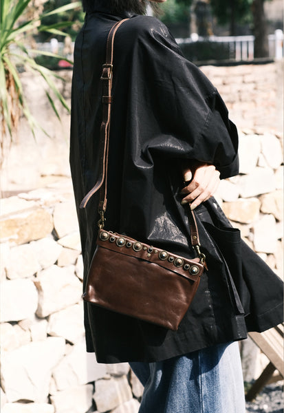 Boho Womens Leather Shoulder Bag With Rivets Genuine Leather Crossbody Bag Durable