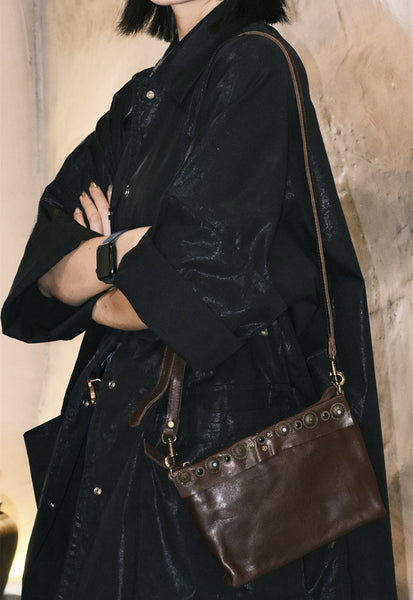 Boho Womens Leather Shoulder Bag With Rivets Genuine Leather Crossbody Bag Elegant