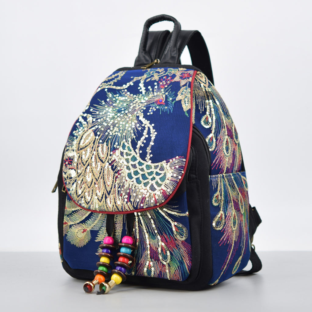 Boho Womens Embroidery Small Cloth Backpack Bag Canvas Rucksack Beautiful
