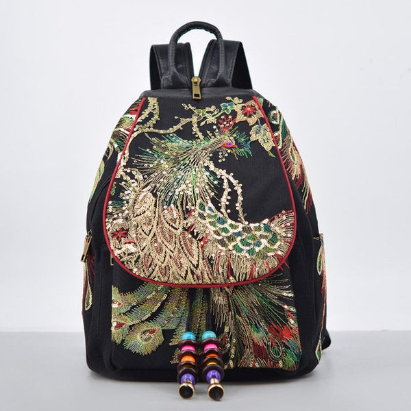 Boho Womens Embroidery Small Cloth Backpack Bag Canvas Rucksack Casual