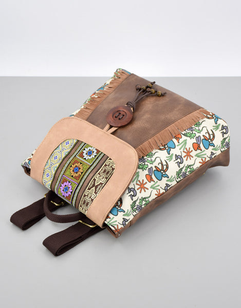 Boho Womens Vegan Backpack Purse Small Ladies Brown Rucksack Bag Casual