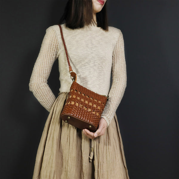 Boho Womens Woven Leather Crossbody Bag Brown Shoulder Bag