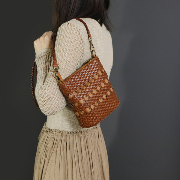 Boho Womens Woven Leather Crossbody Bag Brown Shoulder Bag Badass