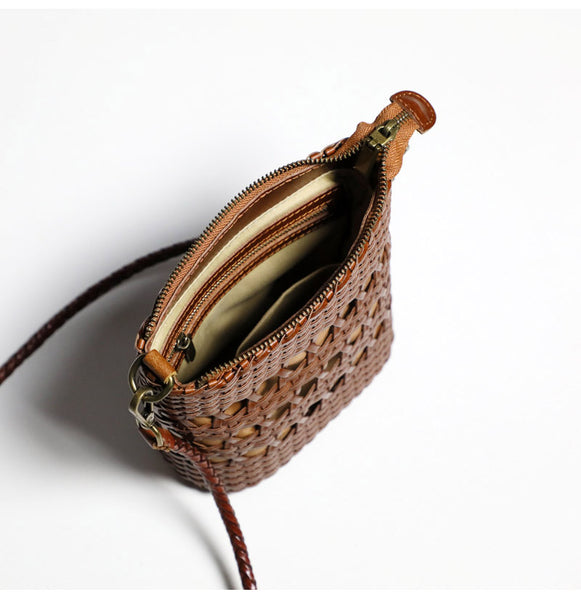 Boho Womens Woven Leather Crossbody Bag Brown Shoulder Bag Capacity