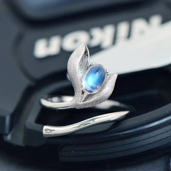 Charm Womens Adjustable Blue Moonstone Ring-927 Sterling Silver Leaf Design Affordable