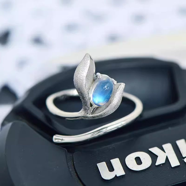 Charm Womens Adjustable Blue Moonstone Ring-925 Sterling Silver Leaf Design