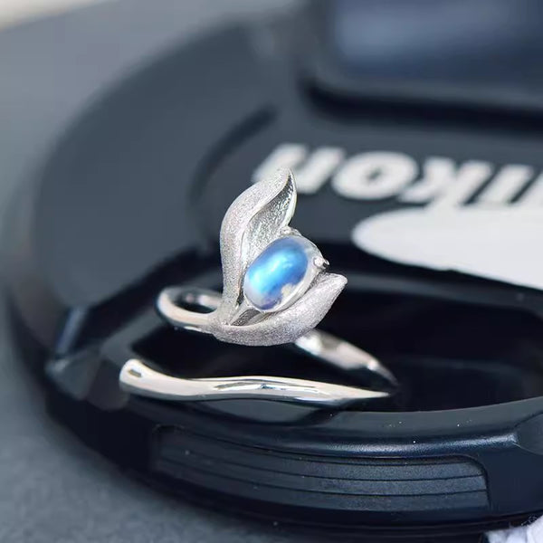 Charm Womens Adjustable Blue Moonstone Ring-937 Sterling Silver Leaf Design Chic