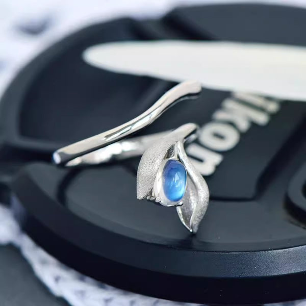Charm Womens Adjustable Blue Moonstone Ring-938 Sterling Silver Leaf Design Classic