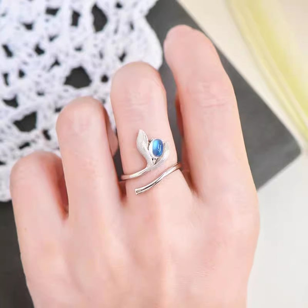 Charm Womens Adjustable Blue Moonstone Ring-939 Sterling Silver Leaf Design Classy