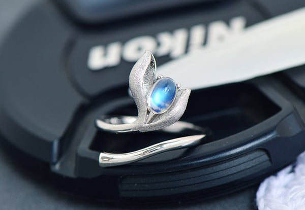 Charm Womens Adjustable Blue Moonstone Ring-942 Sterling Silver Leaf Design Cute