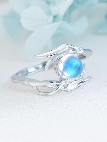 Chic Women's Sterling Silver Moonstone Ring Adjustable Rings With Openings Cute