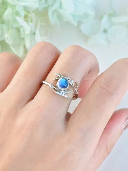 Chic Women's Sterling Silver Moonstone Ring Adjustable Rings With Openings Trendy