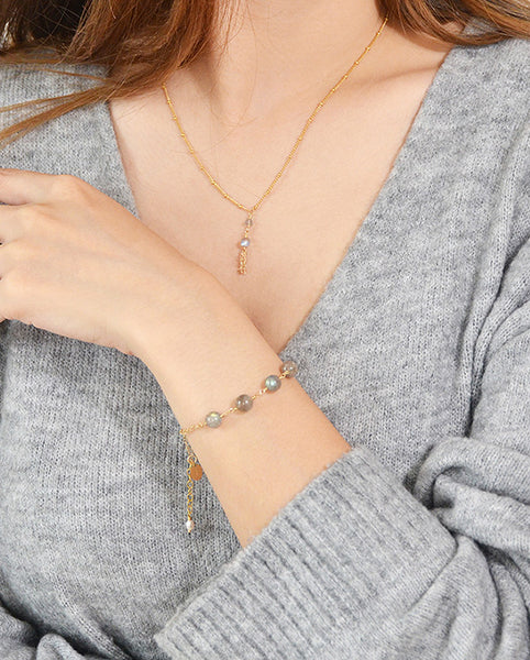 Chic Womens 14K Gold Plated Bracelet Grey Moonstone Bracelet Accessories