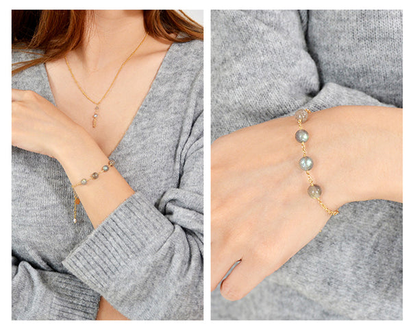 Chic Womens 24K Gold Plated Bracelet Grey Moonstone Bracelet Casual