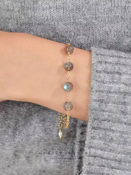 Chic Womens 27K Gold Plated Bracelet Grey Moonstone Bracelet Classic