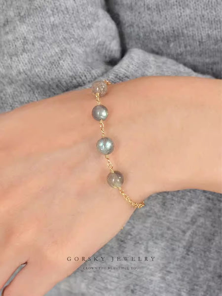 Chic Womens 28K Gold Plated Bracelet Grey Moonstone Bracelet Classy