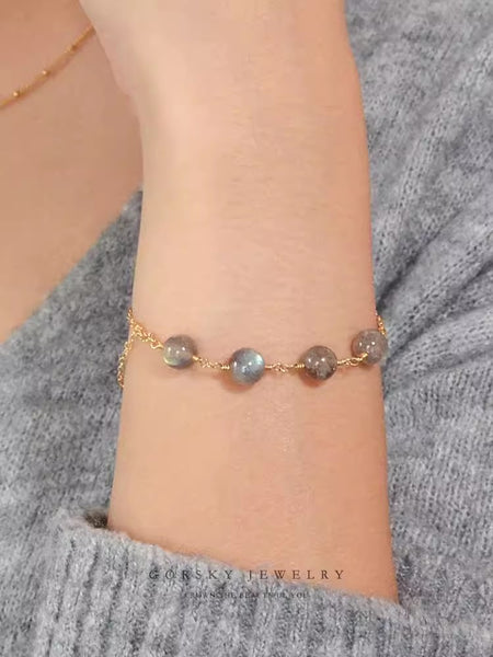Chic Womens 31K Gold Plated Bracelet Grey Moonstone Bracelet Cute