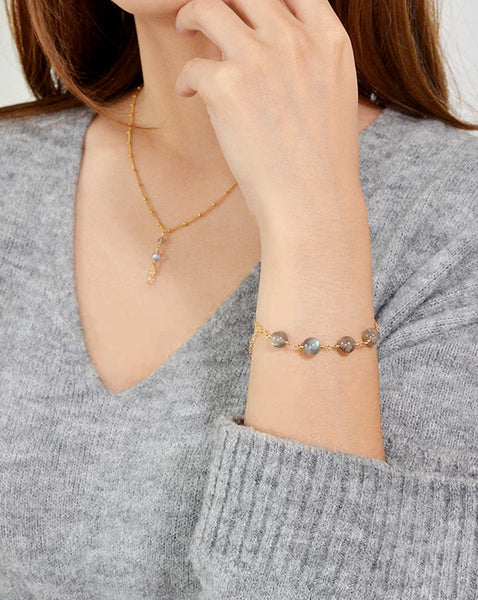 Chic Womens 55K Gold Plated Bracelet Grey Moonstone Bracelet Quality