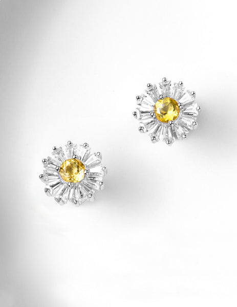 Chic Womens Daisy Shaped Citrine Stud Silver Earrings For Women Classic