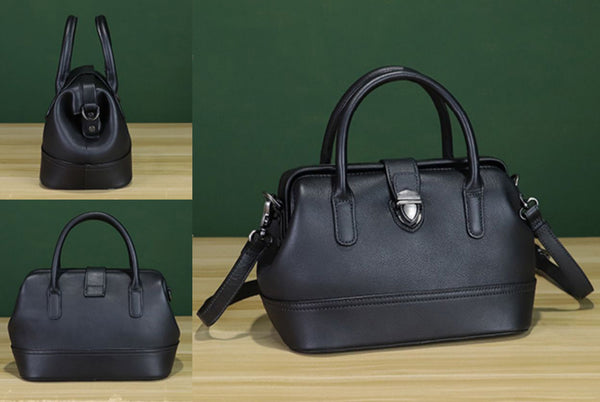 Cute Women's Small Crossbody Handbag Black Leather Shoulder Bag