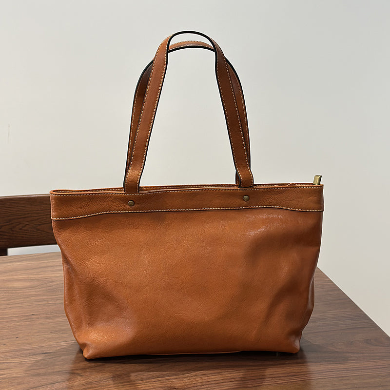 Classic Large Leather Tote Bag for Women Top Grain Cowhide Shoulder Purse Brown