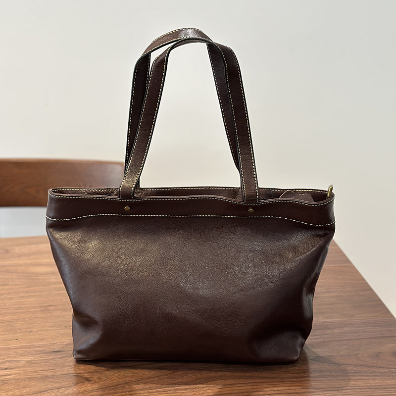 Structured Leather Shopper Bag for Women Top Handle and Zip Closure Large Capacity