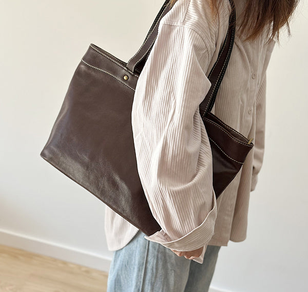 Structured Leather Shopper Bag for Women Top Handle and Zip Closure Large Capacity