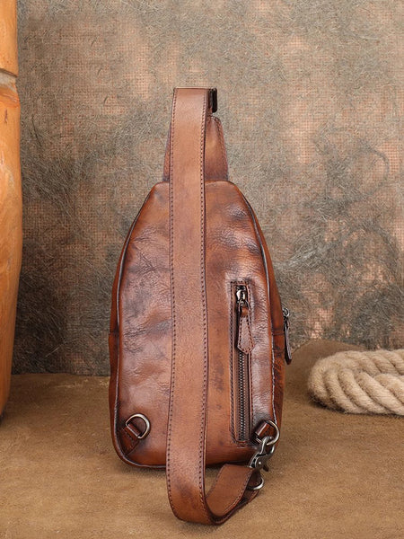 Classic Womens Brown Leather Sling Bag Chest Bag For Women Handmade