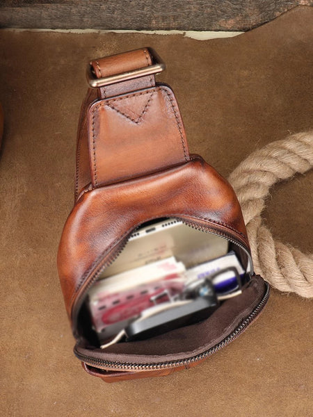 Classic Womens Brown Leather Sling Bag Chest Bag For Women Trendy