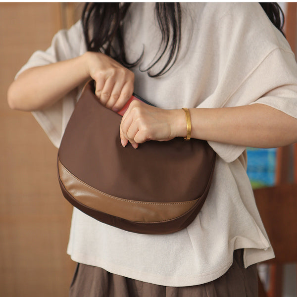 Classic Womens Small Nylon Crossbody Bag Decorate With Leather Over The Shoulder Bags Brown