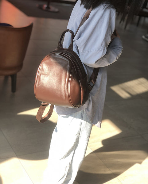 Coffee Brown Mini Leather Backpack Soft Genuine Cowhide Daypack for Women Affordable