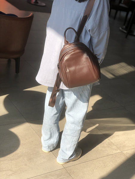 Coffee Brown Mini Leather Backpack Soft Genuine Cowhide Daypack for Women Badass