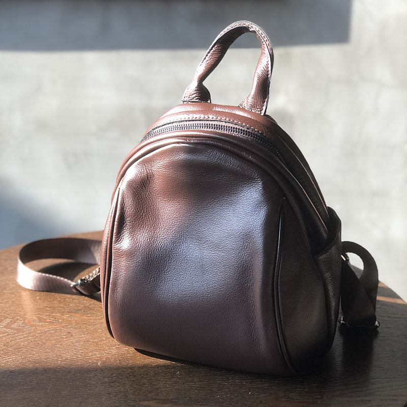 Black Mini Leather Backpack Sleek and Minimalist Soft Cowhide Daypack for Urban Women Brown