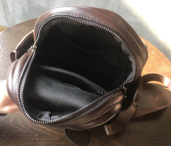 Coffee Brown Mini Leather Backpack Soft Genuine Cowhide Daypack for Women Capacity