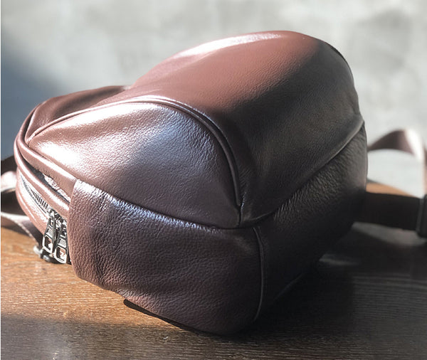 Coffee Brown Mini Leather Backpack Soft Genuine Cowhide Daypack for Women Casual