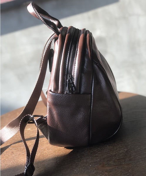 Coffee Brown Mini Leather Backpack Soft Genuine Cowhide Daypack for Women Chic