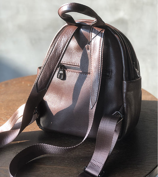 Coffee Brown Mini Leather Backpack Soft Genuine Cowhide Daypack for Women Classic
