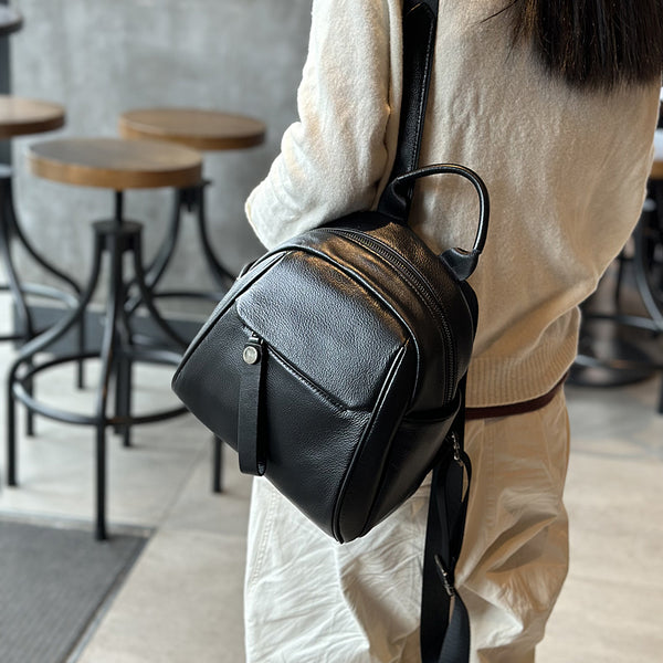 Cute Women's Black Leather Backpack Purse Mini Leather Rucksack Bag