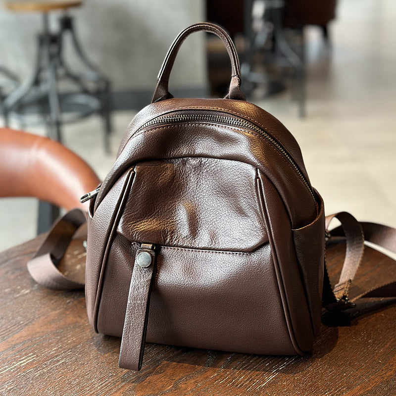Cute Women's Black Leather Backpack Purse Mini Leather Rucksack Bag Brown
