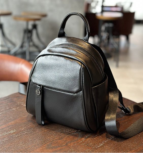 Cute Women's Black Leather Backpack Purse Mini Leather Rucksack Bag Elegant