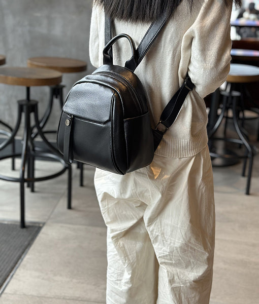Cute Women's Black Leather Backpack Purse Mini Leather Rucksack Bag Fashionable